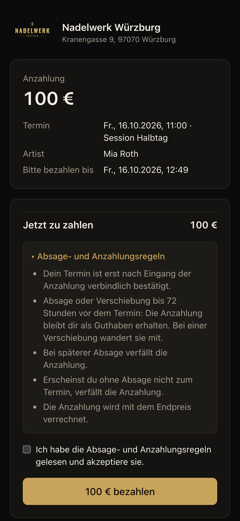 Bezahlseite für die Anzahlung auf dem Handy (Demo-Daten)