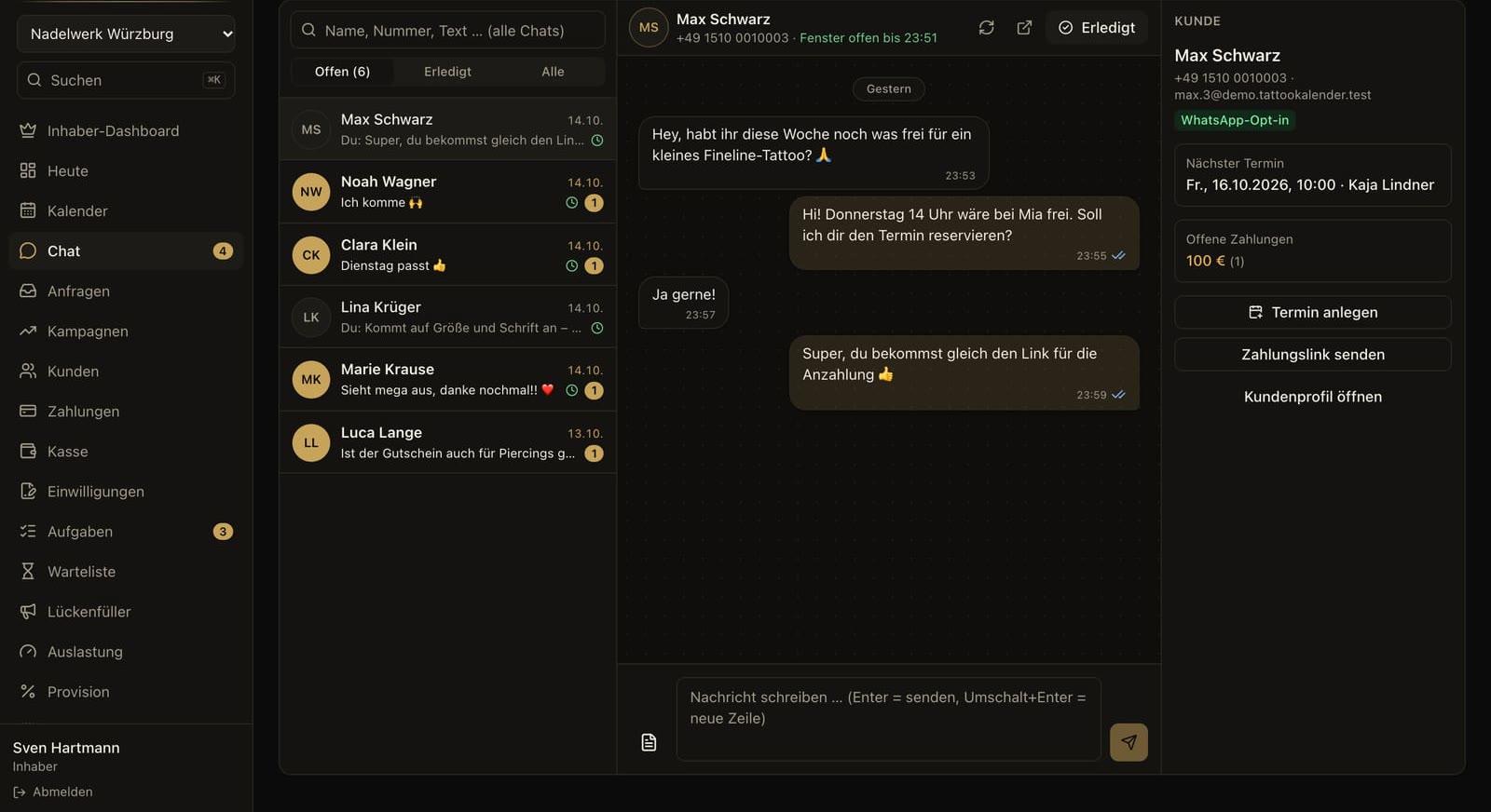 Chat-Postfach mit Kundenkarte, nächstem Termin und offenen Zahlungen (Demo-Daten)
