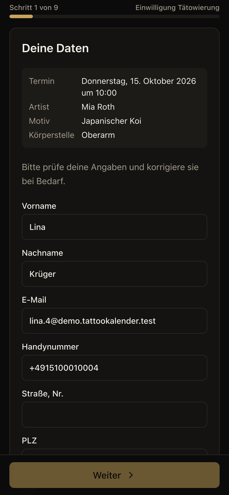 Einwilligung Schritt 1 am Tablet oder Handy: Daten prüfen (Demo-Daten)